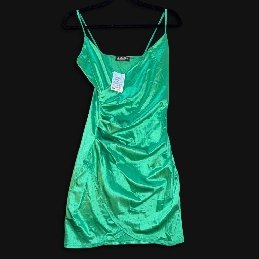 Liz & Sara Green Satin Ruched Mini Dress Women's Small NWT Y2K